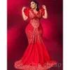 EBI Red Aso Arabic Mermaid Prom Dresses in pizzo in rilievo Formale Formale Secondo ricevimento Birthday Bridide Engagement Gowns Dress J440