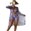 Women's Swimwear Women Bikini Set V-neck Floral Print With High Waist Shorts Cover-up Summer For Pool Female