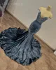 Plus Size Arabic Aso Navy Blue Mermaid Prom Dresses Beaded Crystals Velvet Evening Formal Party Second Birthday Engagement Reception Gowns ZJ334