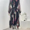 Lässige Kleider hochwertiger Seide 2024 Federschwarze Blumen drucken Langschläfen gegen Nacken bei Taillenfrauen Midi Kleid