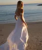 Long Satin Off Shoulder Beach Wedding Dresses With Slit Sheath Pleated Vestido de novia Zipper Back Sweep Train Bridal Gowns for Women
