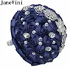 Hochzeitsblumen Janevini 24cm Marine Royal Blue Blumenstrauß mit Kristallschmuck Luxus Perlen Diamant Satin Rose Braut Fleur Mariage