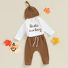 Kledingsets Thanksgiving Baby Boy -outfit Little Turkije lange mouw Romper Drawtring broek en hoed 3 stcs herfstkleding