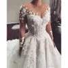 Jurken Bridal Floral Designer trouwjurk 3d kanten applique lange mouwen satijnen schep nek bedekte knoppen terug op maat gemaakte plus size vestido de novia