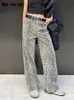 Stampa leopardo jeans Y2K per donne Luxury American retrò streetwear in stile coreano largo gamba larga oversize dritta 240416