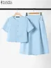 ZANZEA Women Summer Dress Sets Office Two Piece Sets Elegant Short Sleeve Buttons Blouse Tops Pleated Skirts Casual 2PCS Suits 240428