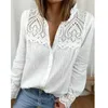 Women's Blouses Shirts Casual Patchwork Lace Shirt Long Slve Stand Collar White Blouse Single Breasted Hollow Tops Elegant Fashion 29363 Y240426