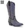 Gogd Rhinestone Fashion Women Western Mid-Calf Boots Cowboy Cowgirl B lśniącego palec u nogi Sexy High Heels Luxury 240426