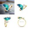 Bandringe Fantasy Blue Butterfly Wings Gold Open Finger Charms Schmuck Mode Verstellbare Strassparty für Frauen Drop Del Dh9nf