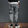 Erkek Moda Pantolon Elastik Band Aşırı Kilolu Büyük Boy Kot Patchwork Sokak Giyin