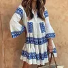 Robes décontractées Femmes Imprimé en V Col Folds Splice une ligne en vrac Mini Robe Robe Flare Vestidos Lady Bohemian Beach Summer 2024