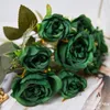 Fleurs décoratives vintage artificielle 8 têtes Silks Bouquet de pivoine Faux Fower Red Green Rose DIY Table de la fête de mariage