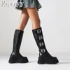 Boots Women Punk Gothic Classic Black Wedge Motorcycle High Heels Belt Buckle Platform Knight Boot Winter Warm Shoes