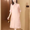 Vestidos de fiesta 2024 Moda Silk Color sólido Summer's Summer Style Chino Neck Standing Fit Fit Casual Holiday Vestidos