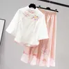 Abbigliamento etnico migliorato Hanfu Womens Cheongsam Abbigliamento in due pezzi Summer Cinese in stile ricamato pantaloni abbottonati Abito a due pezzi retrò