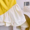 Robes de fille Robe de fille d'été A-line Verte Verbe Jupe jaune et blanc correspondant à la mode fraîche et respirante robe