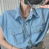 Women's Polos Fashion Sleeveless Shirt For Women Summer 2024 Turn Down Collar Patchwork Button Loose High Waisted Solid Color Short Thin