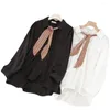 Blouses pour femmes Chemise solide en coton en coton Femme Top décontracté Girl Girl Necktie Long Sleeve Ol Commute polyvalent 2024 printemps T42855QC