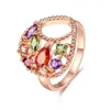 With Side Stones Luxury Fashion Gold Rose Colorful Flower Zircon Multi-Layer Engagement Rings Top Quality Jewelry Woman Wedding Part