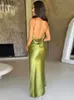 Runway Dresses Dulzura spetsar upp backless satinband maxi klänning för kvinnors sida slits bodycon sexig fest elegant födelsedag kväll kläder sommaren y240426