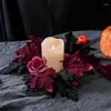 Decorative Flowers 25cm Halloween Candlestick Wreath Holder Artificial Rose Black Leaves Candle Ring Garland Table Centerpiece