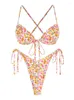 Kadın Mayo Zaful Ditsy Floral Mayo Bikini Set Baskılı Fırralı Kravat Yan Çılgınlık Çapraz Yüksek Bacak Bohem Yastıklı Top Plaj