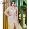 Robes de fête Champagne High Split Sirène Elegant Sexant One épaule Robes de soirée Plumes Luxury perle 2024 pour les femmes