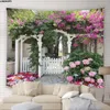 Tapestries Garden Flowers Tapestry Pink Rose Fence Floral Green Plants Nature Scenery Home Living Room Dorm Decor Courtyard Wall Hanging