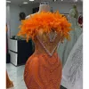 Mermaid Orange Ebi Aso ASO Arábico Prom Vestido Cristais de Feather Evening Festa formal