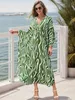 2024 Autumn Sexig Vneck Long Sleeve Oversize Kaftan Dress for Women Beachwear Casual Plus Size Swimsuit Cover Up Q1578 240426