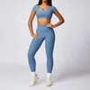Women's Tracksuits Set 2PCS Ribbed Women Sportswear Workout Clothes Athletic Wear Gym Legging Fitness Bra Crop Top Short Slved Sports Suits Y240426