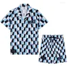 Tracksuits voor heren blauw geruit shirt suit merk ontwerp v-neck mannen korte mouwen shorts brief print mode mode strandvakantie