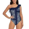 Swimwear féminin Bandana-Blue-Paisley Bandana Femmes Imprimé un morceau de maillot de bain Sexy Backless V Neck Summer Beach Wear Blue