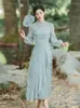 الفساتين غير الرسمية نساء 2024 النمط الصيني الأخضر تحسين تشيونغسام Qipao فستان الربيع الخريف الأزياء الأنثى