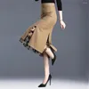 Röcke Frauen unregelmäßige Mesh Rock Band Splice High Taille Knie Khaki Split Office Lady Fashion Casual Street 2024