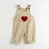 Rompers 1-4 jaar lente kinderen babykleding hart borduurwerk babyjongens meisje slabbetje broek vaste overalls corduroy casual suspener uitkering h240509