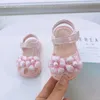 Sandalen Sandalias Baby Girls Sandalen 2023 Nieuwe Summer Sweet Flower Pearl Princess Shoes Soft Solel240429