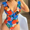 Swimons de maillots de bain V-Neck One Piece Swimsuit Femmes Ruffle Imprimé Fadies Solid Slimming Beachwear 2024 Summer Holiday Trendy Female Vêtements