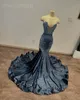 플러스 크기 아랍어 ASO Navy Blue Mermaid Prom Dreess Beded Crystals Velvet 저녁 공식 파티 두 번째 생일 약혼 리셉션 가운 ZJ334