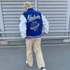 Hip Hop Baseball Jacket Men Streetwear Retro Pu Sleeve skórzana haft haftowe męskie harajuku neutralne niebieskie płaszcz bombowy Varsity 240417