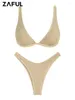 Women's Swimwear ZAFUL Swimsuit Solid Color High Leg Cheeky Textured Knit Triangle Two Piece Bikini Set Woman Swim Bikinis