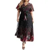 Vrouwen zomerjurk bloem print korte mouw aline kant -up gordel strakke taille plus size enkel lengte v nek party prom lady max 240422