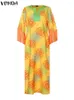 Casual Dresses Vonda Maxi Dress 2024 Kvinnor Summer Bohemian Tryckt 3/4 Sleeve Tassel Sundress V-Neck Loose Robe Overized Vestidos