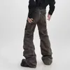 Vintage Piled Tasarım Kot Pantolon Kadınlar Gri Sıkıntılı Geniş Bacak Pantolon Amerikan Tarzı Yüksek Sokak Düz Bol Pantolon 240424