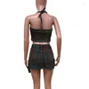 Robes de travail Femmes Backless Hanging Neck Lace-Up Bustier Tops Vintage Two Piece Set 3D Pocket Patchwork Jupe courte peinture en aérosol