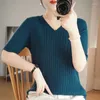 女性用TシャツTシャツ春/夏固形色のセーターハーフスリーブvネックレディーストップスルーズブラウスベーシックプルオーバーティー