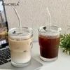 12st 450 ml randglaskopp transparenta glas med lock och halmkaffe mugg te juice mjölkvatten dricker 240422