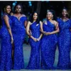 Floor Mermaid Blue Sequins Bridesmaid Royal Dresses Length Satin One Shoulder Custom Made Plus Size Maid Of Honor Gown Country Beach Wedding Party Wear