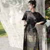 Etniska kläder Förbättrad kinesisk stilklänning kostym lyxig svart guld Hanfu vintage tang kläder topp sommaren ny vestidos cheongsams dräkt