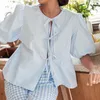 Blouses des femmes Stripe Lacet Up Shirts pour les femmes 2024 Fashion Cause O Pouffle Pouffle 3/4 Longueur Sleeve Womens Tops Femme Loose